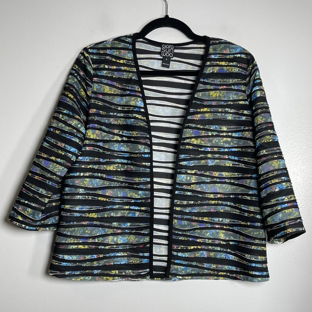 CLARA SUNWOO Sheer Striped‎ Open Front Jacket Small Multicolor Artsy Colorful